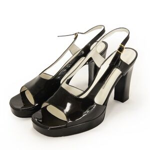 Vintage 90s Casadei Black Patent Leather Peep Toe Sling Back Heels Pumps Shoes